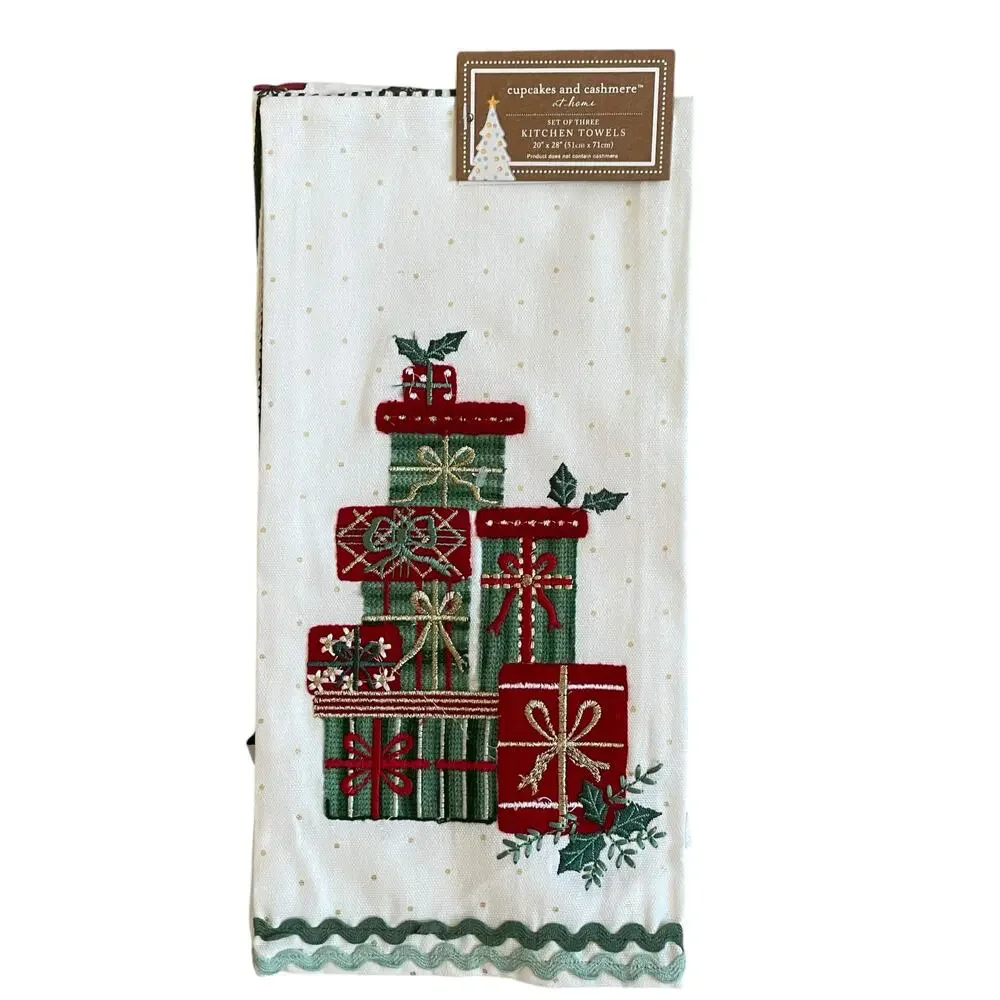 Cupcakes & Cashmere Christmas Present Kitchen Towels Set of 3 Embroidered New